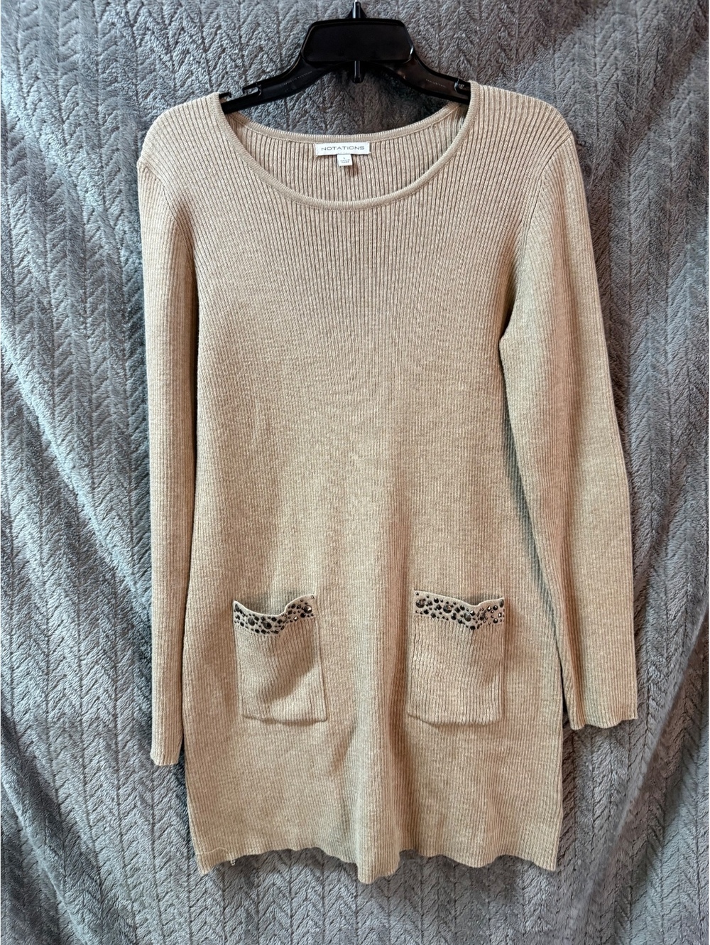 Notations Beige Ribbed Long Sleeve Sweater Dress with Pocket Detail Size L